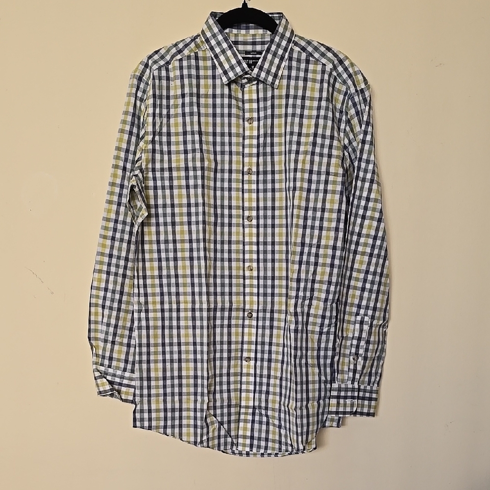 BAR III SLIM FIT Stretch Blue/Green Plaid Button Down Shirt Size M 15-15 1/2